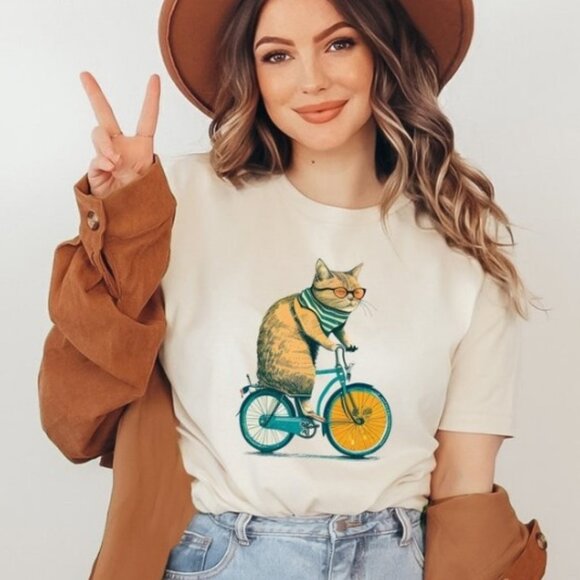 Cats Riding Bicycles Graphics T-shirt, Cat Riding Funny T-shirt - Picture 1 of 4